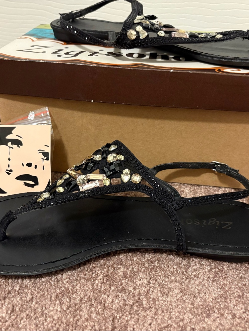Zigi Soho Black Jeweled T-Strap Sandals - Picture 5 of 9